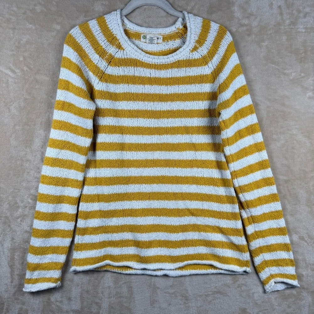 Akini Women M Mustard Yellow White Striped 100% Cotton Knit Sweater Coastal